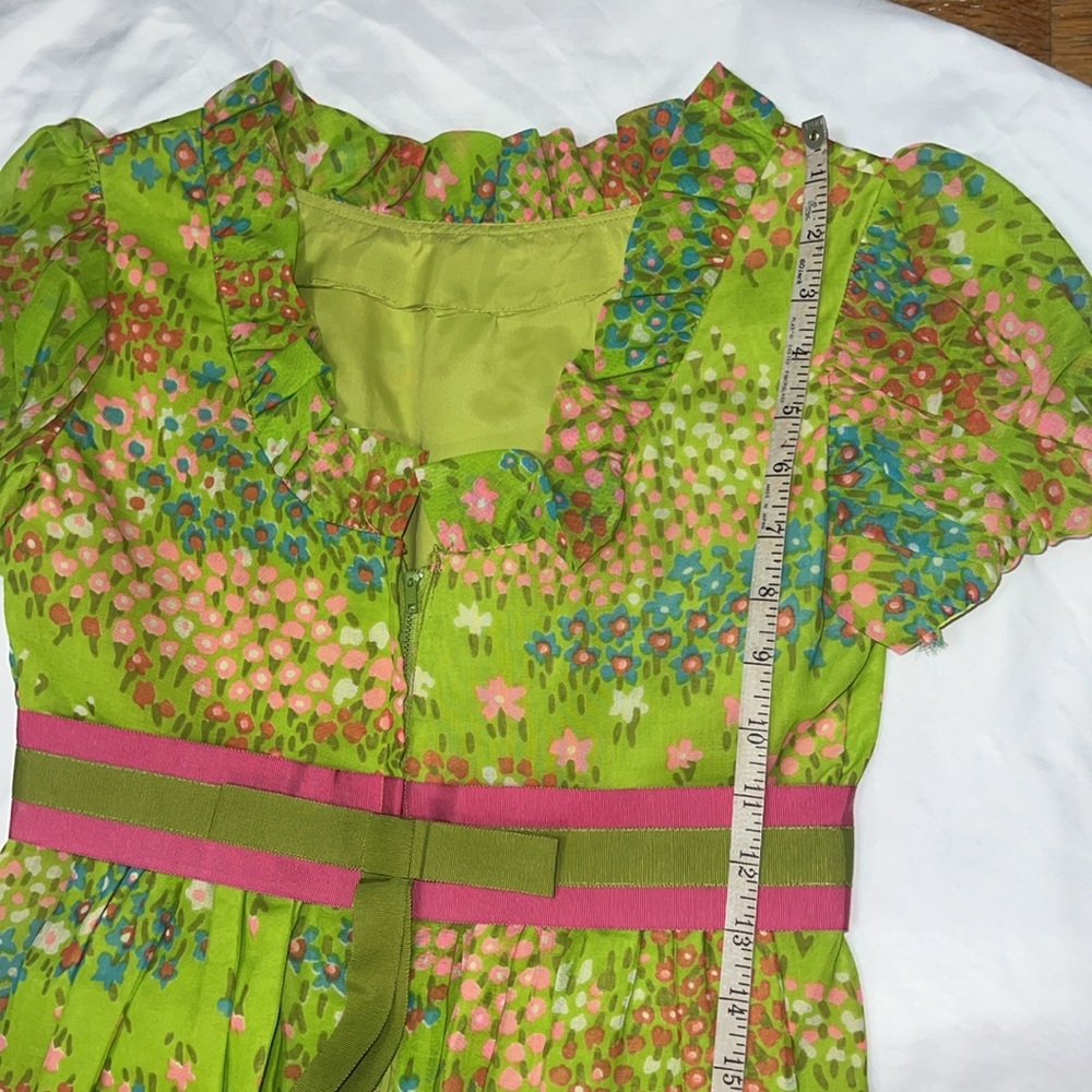 Vintage 1960’s to 1970’s Colorful Green Floral Print Puff Sleeve Maxi Dress - Picture 11 of 12